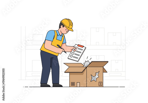 Warehouse worker in yellow vest and hard hat inspecting contents of a damaged cardboard box with checklist and pen