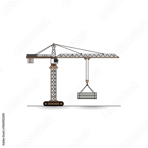 Minimalist Tower Crane Vector Illustration Lifting Heavy Concrete Block for Construction and Industrial Architecture Projects