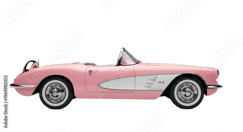 A pristine pastel pink 1950s chevrolet corvette c1 convertible with white coves, chrome, and whitewalls, shot in a high-end studio full side profile view. Classic american automotive concept
