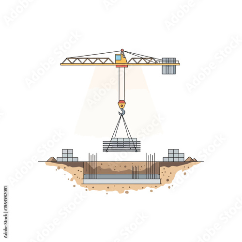 Construction Site Vector Illustration with Tower Crane Lifting Materials over Building Foundation