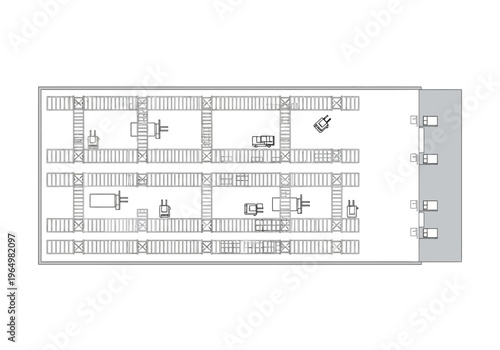 Warehouse logistics and storage plan with forklifts and cargo containers overhead view