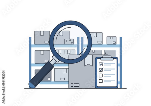 Warehouse inventory management with a magnifying glass and checklist illustration