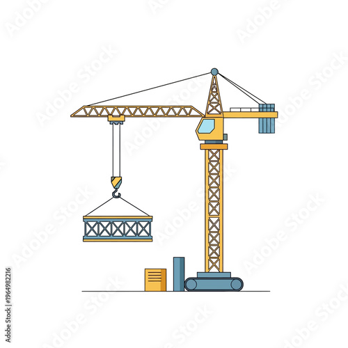 Industrial Construction Tower Crane Lifting Structural Girder Flat Vector Illustration. Yellow Building Site Machinery for Civil Engineering Projects on White Background.