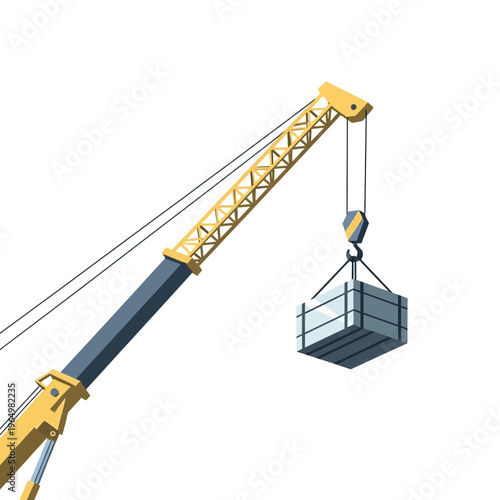 Yellow Industrial Crane Lifting Heavy Load Vector Illustration - Construction and Logistics Concept