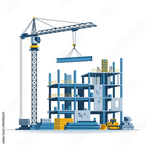 Modern Building Construction Site with Tower Crane and Machinery Flat Vector