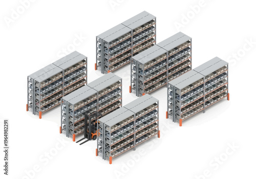Warehouse storage system with forklift truck operating in aisle between shelves