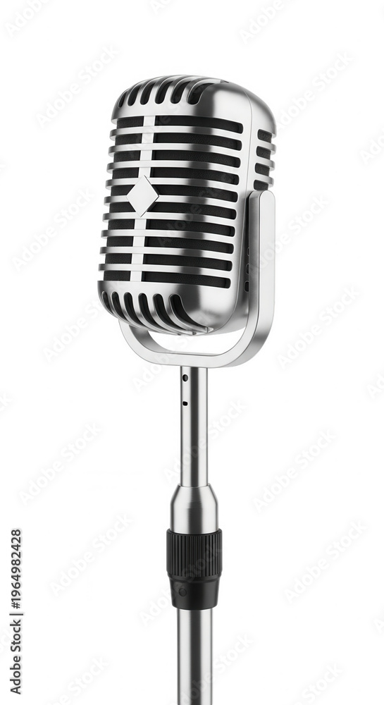 Fototapeta premium A shiny chrome microphone on a stand isolated on transparent background