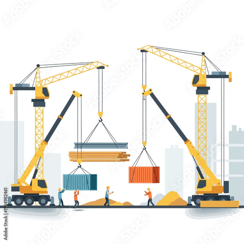 Industrial Construction Site with Heavy Lifting Cranes, Workers, and Building Materials in Flat Vector Style