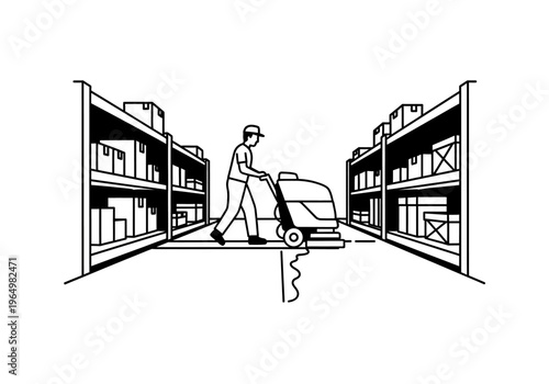 Warehouse cleaning with a floor scrubbing machine and a person