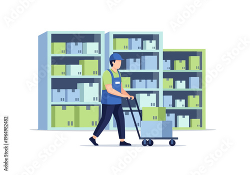Warehouse worker pushing a cart with boxes in a storage facility with shelves