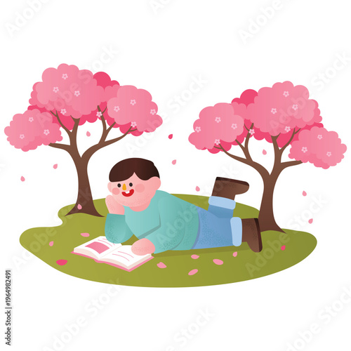 Cherry blossom Day Illustration. Vector illustration of Man reading book under cherry blossom trees in peaceful spring park. Isolated on background