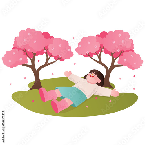 Cherry blossom Day Illustration. Vector illustration of Woman relaxing on grass under cherry blossom trees enjoying spring. Isolated on background