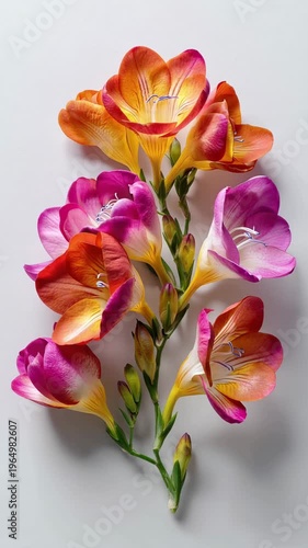 Vibrant Pink and Orange Freesia Stem on White Background