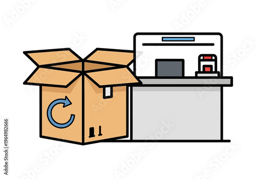 Cardboard box with recycling symbol next to a counter with computer and cash register