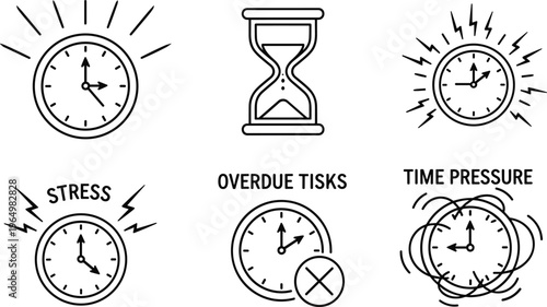 Stress, Time Pressure, and Overdue Tasks Icons Set with Clocks and Hourglass Illustrations