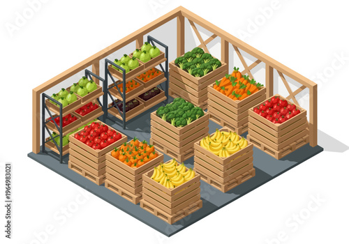Isometric view of a grocery store storage room filled with fresh fruits and vegetables neatly arranged on shelves and in crates
