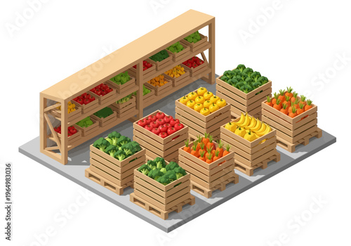 Fresh Produce Displayed in Wooden Crates on Shelving and on the Ground