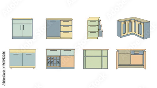 Assorted Modern Kitchen Storage Cabinetry Units Graphic Illustrations