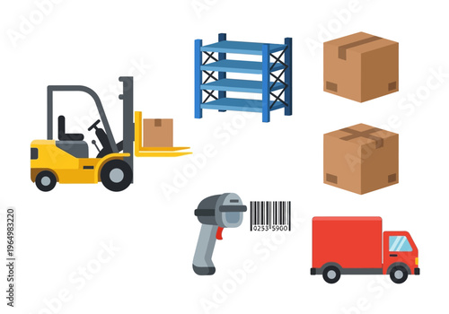 Warehouse and logistics icons forklift, truck, shelving, boxes, and scanner