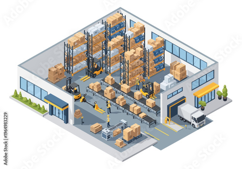 Modern warehouse interior with forklifts, conveyor belts, and delivery truck
