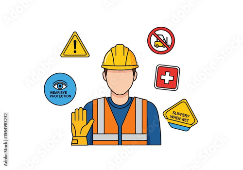 Construction worker with safety icons and symbols representing workplace safety and hazard prevention