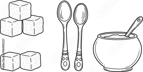 Sugar Cubes, Spoons, and Bowl Icon Set for Cooking, Baking, and Food Preparation Design Projects