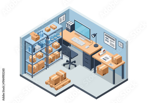 Isometric view of a compact office and storage room with computer desk, shelving, boxes and pallets