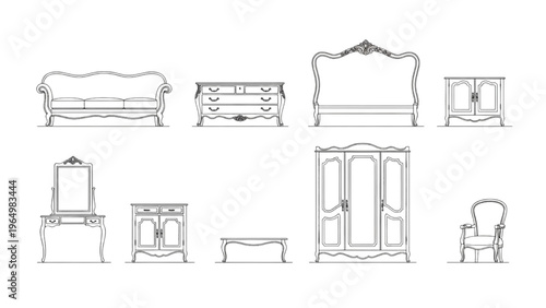 Elegant Classic Vintage Furniture Collection Vector Line Art Set
