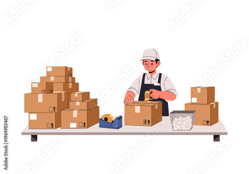 Man packing cardboard boxes on a shelf with tape dispenser and packing peanuts