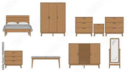 Collection of wooden bedroom furniture including bed, wardrobe, and dresser