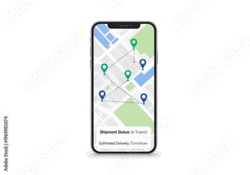 Mobile app interface showing a map with delivery tracking pins and estimated delivery date