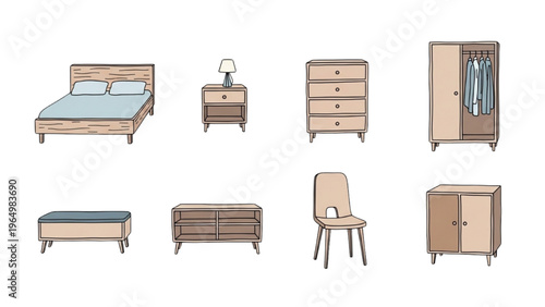 Collection of modern furniture items for bedroom and living room