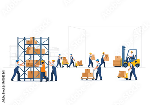 Warehouse workers loading and unloading cargo with forklifts and carts