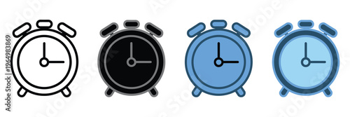 Alarm icon set multiple style design featuring clock symbols, bell notifications, and time alert indicators in flat line glyph and filled variations for interface and app design