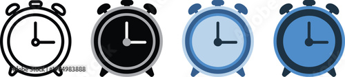 Alarm icon set multiple style design featuring clock symbols, bell notifications, and time alert indicators in flat line glyph and filled variations for interface and app design