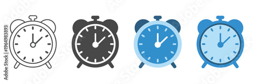 Alarm icon set multiple style design featuring clock symbols, bell notifications, and time alert indicators in flat line glyph and filled variations for interface and app design