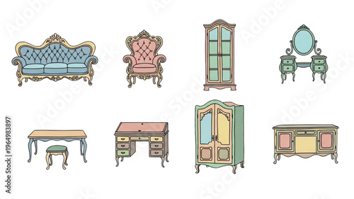 Collection of antique furniture illustrations for interior design