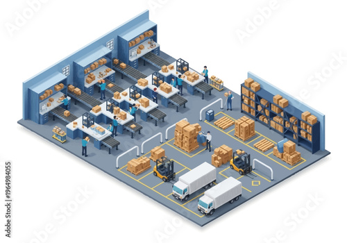 Isometric view of a modern logistics and distribution warehouse with forklifts and delivery trucks