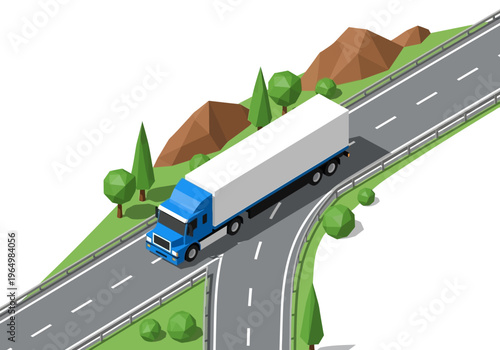 Isometric illustration of a large delivery truck driving on a highway junction, symbolizing logistics and transportation