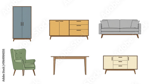 Collection of Mid-Century Modern Furniture Pieces Isolated