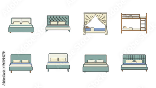 Collection of various bed types, furniture icons for sleeping comfort