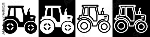 Set of four tractor icons in different styles and colors.