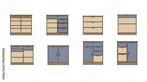 Versatile set of graphic furniture storage solutions with drawers and doors
