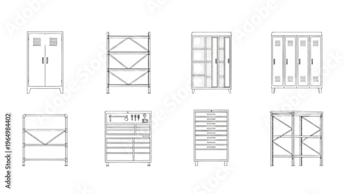 Various types of storage units and shelving systems with front view