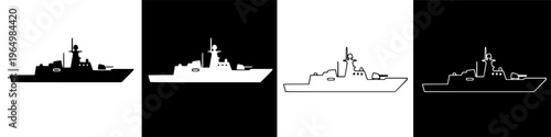 Set of four naval warship silhouette illustrations in different styles.
