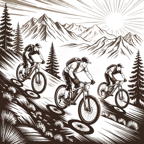 Mountain bike riders racing down a trail with a scenic mountain view