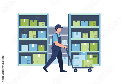 Warehouse worker pushing a cart with boxes in a storage facility with shelves