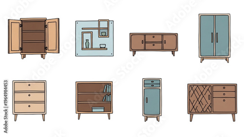 Collection of various contemporary furniture items and cabinetry