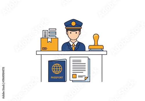 Immigration officer at desk with passport, documents, and stamp, representing border control and travel services