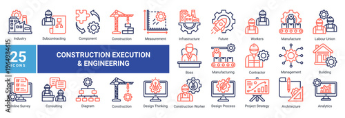 Construction Execution and Engineering icon set featuring building,infrastructure,workforce,manufacturing,and design process.Ideal for industrial,engineering,and development projects.